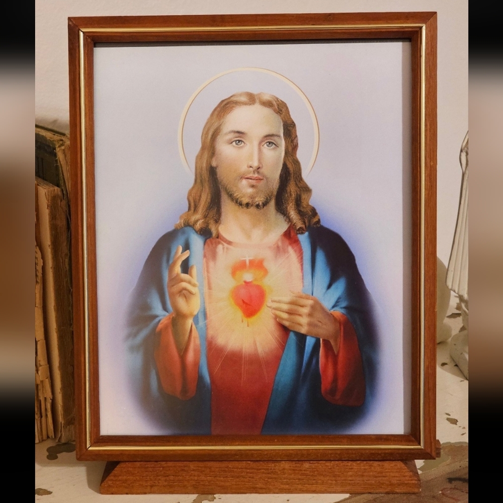 Sacred Heart of Jesus Picture in Vintage Thailand Teak Wooden Frame